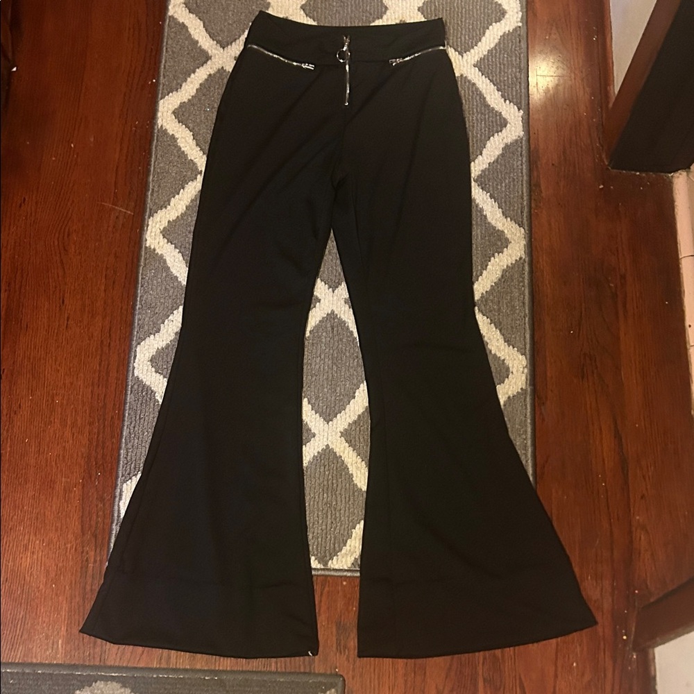 Black Flared Zip-Accent Pants